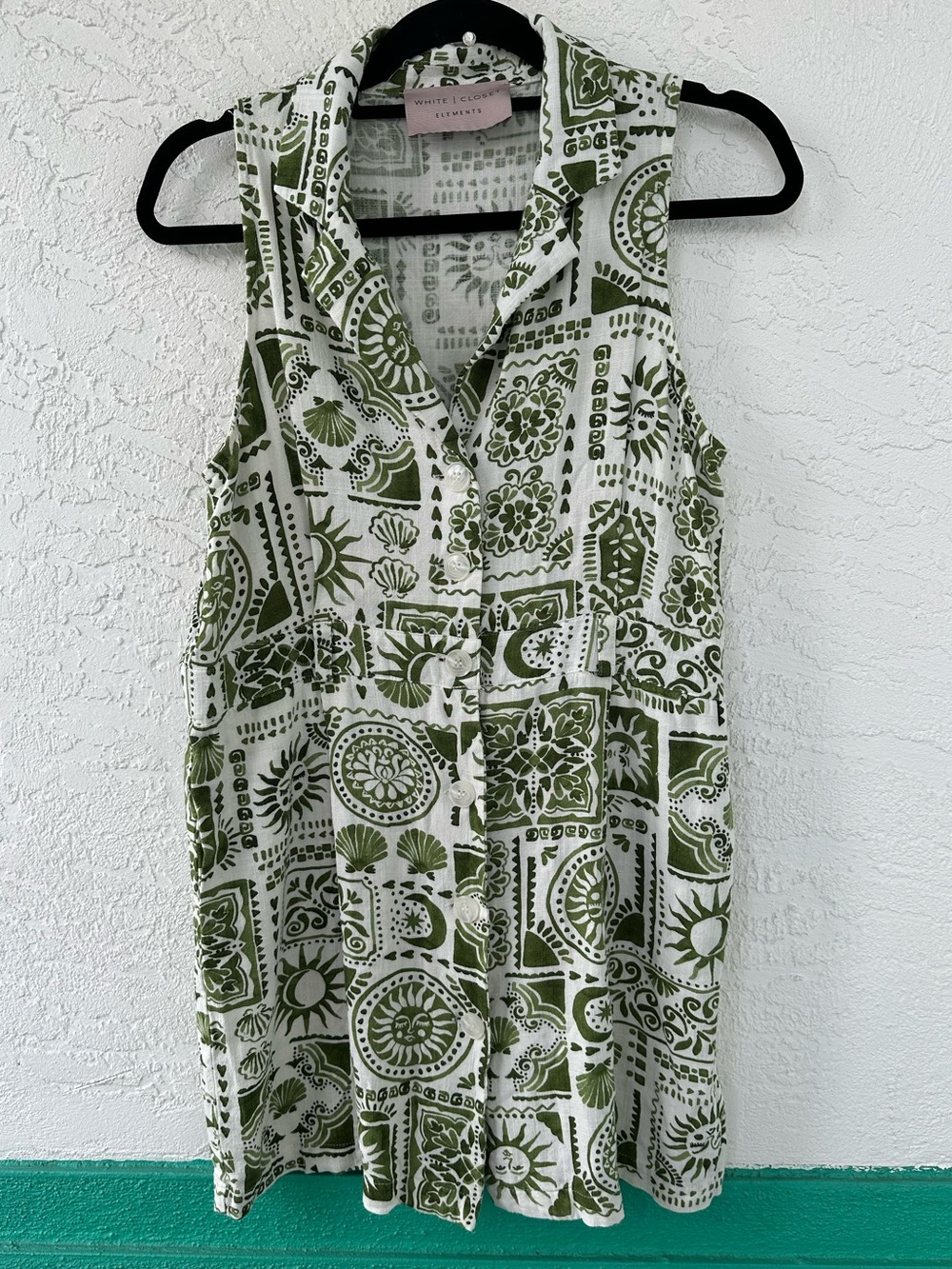 White Closet Linen Blend Pockets Green White Celestial Coastal Dress  Medium